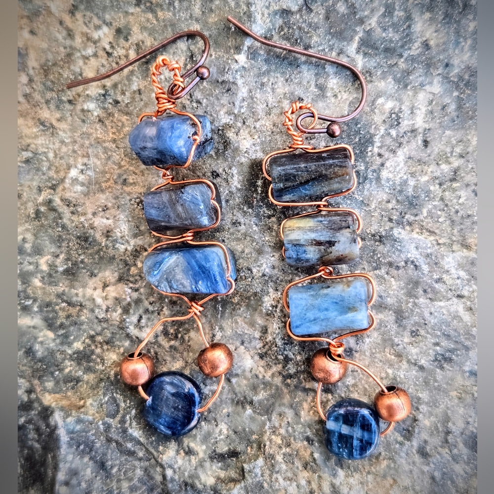 Natural Blue Kyanite Handwoven Ladder In Massai Style Earrings In Antique Copper - Picture 1 of 9